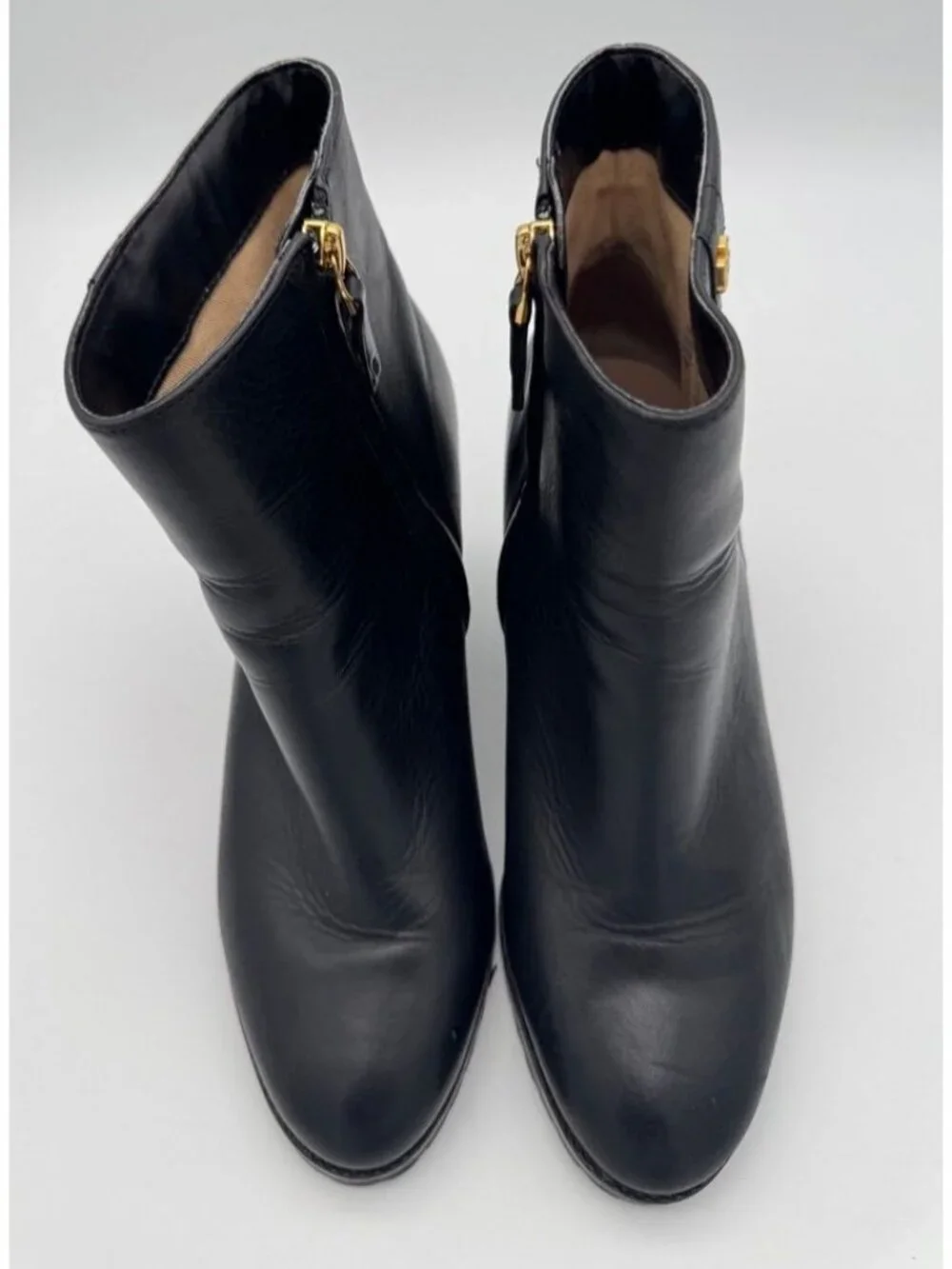Lauren Ralph Lauren Shaley Black Leather Wedge Ankle Boots Gold Logo Women's 8